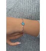 925 Ayar Gümüş Rose Aquamarin Taşlı Yonca Model Bileklik