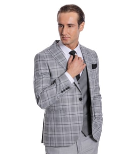 Ekose Ceketli Slim Fit Gri Erkek Takım Elbise - Wessi