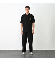 Unisex Bisiklet Yaka Baskılı Oversize T-Shirt - Siyah