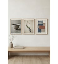 Wabi-Sabi Dokular & Organik Objeler 3’lü Ahşap Çerçeveli Tablo Seti - Modern Duvar Dekoru