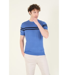 Giyim Dünyası Erkek Sıfır Yaka Çizgili Merserize T-Shirt İndigo