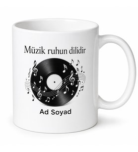 İsimli Plak ve Nota Desenli DJ Kupası Özel Baskılı Kupa Bardak Hediye