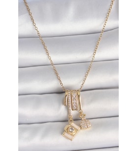 316L Çelik Gold Renk Zirkon Taşlı Sallantı Fotoğraf Makinası Figür Charm Kadın Kolye 5886