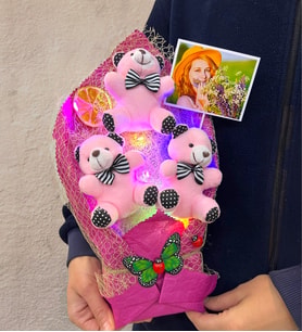 Renkli Led Işıklı Fotoğraflı Özel Pembe Ayıcıklı Büyük Boy Peluş Ayıcık Buketi (Model 5)