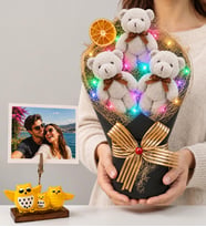 Kişiye Özel Fotoğraflı Renkli LED Işıklı Peluş Ayıcık Buketi (Gri) ve Baykuş Fotoğraf Tutucu