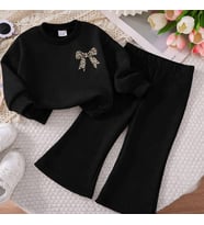 Kız Çocuk Leopar Fiyonk Baskılı Sweatshirt & İspanyol Paça Eşofman Takımı (Siyah)