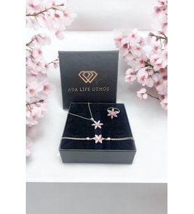 (ÖZEL KUTULU) 925 Ayar Gümüş Lotus Çiçeği 3 Lü Set Kolye Bileklik Yüzük
