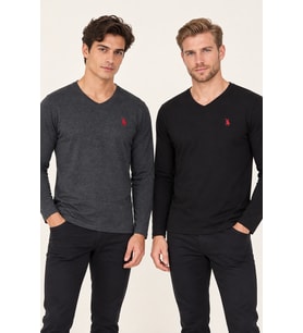 Dewberry Erkek Pamuklu V Yaka Sweatshirt 2'li Set Siyah-Antrasit T8587 Hafta Sonu Kombini, Seyahat Gardırobu