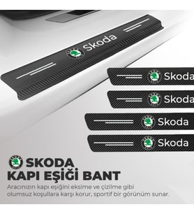 Skoda Logolu Karbon Kapı Eşiği Koruyucu Bant Folyo 4'lü Set