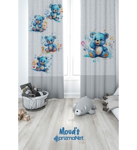 Mavi Ayıcık Desenli Baskılı Çocuk ve Bebek Odası Fon Perdesi 2 Kanat - PRD-02