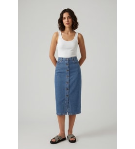 Önden Düğmeli Yüksek Bel Uzun Mavi Denim Etek