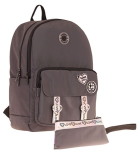 Kaukko Parlak Love Şeritli Gri Okul Çantası ve Cüzdan Tipi Kalemlik Seti (KK-K1842+KK-K2753)