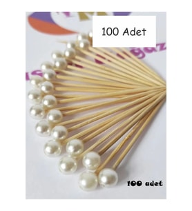 100 Adet Dekoratif Yuvarlak Inci Pasta Kürdanı - Inci 8 Mm - Nişan Söz İncili Kürdan