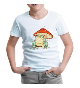 A Frog with a Mushroom Umbrella Beyaz Çocuk Tshirt