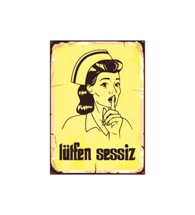 Lütfen Sessiz Yazılı Hemşire Figürlü Ahşap Retro Uyarı Posteri