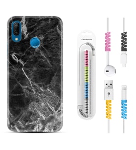 Huawei P20 Lite Mate 10 20 Lite Pro P40 Lite KılıfKablo Koruma Spiral Silikon Kara Mermer 1375
