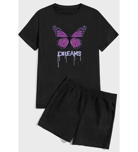 Dream Butterfly Baskı Şort Takım (Siyah)