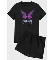 Dream Butterfly Baskı Şort Takım (Siyah)