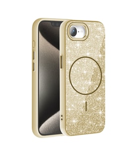 Apple iPhone 16E Uyumlu Kılıf M-safe Şarj Özellikli Parlayan Simli Zore Okso Kapak (Gold)