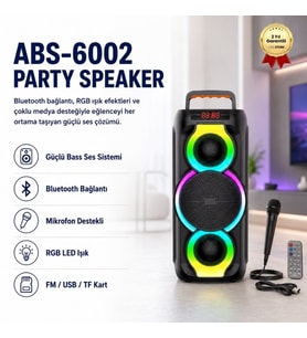 abs-6002 Taşınabilir Bluetooth Hoparlör DJ Parti Speaker, RGB LED Işıklı, FM Radyo / TF Kart / USB Destekli