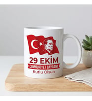 29 Ekim Atatürk ve Türkiye Bayrağı Temalı Kişiye Özel çift taraf baskılı kupa bardak