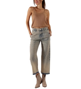 Denim Geçişli Bol Paça Yüksek Bel Pantolon
