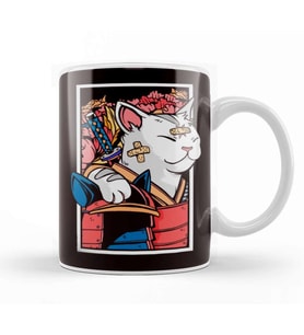 Japanese Art Cat Samurai Ninja Katana Warrior Kendo Sword Kupa Bardak Porselen