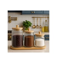 Bambu Standlı Çizgili Vakumlu 3'lü Kavanoz Seti (800/1300/1800 ML)