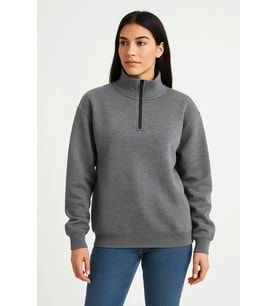 Üç İplik Dık Yaka Yarım Fermuarlı SweatShirt - Antrasit