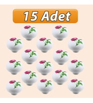 15 Adet Pembe Gül Desenli Beyaz Polimer Düğme Kulp Mantar Mobilya Mutfak Dolabı Çekmece Kulbu Kulpları