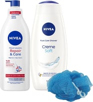 Creme Duş Jeli 500Ml Repair Care Vücut Losyonu 400Ml, Lif Hediyeli, Kaşıntılı Hassas Cilt