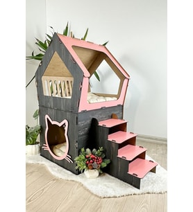 Mavitrend Ahşap Büyük Kedi Evi XXL Açık Teraslı Model 5 Kg Üstü Kediler İçin Pembe - Siyah Renk