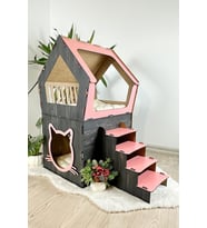 Mavitrend Ahşap Büyük Kedi Evi XXL Açık Teraslı Model 5 Kg Üstü Kediler İçin Pembe - Siyah Renk