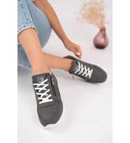 Muggo Asel Garantili Kadın Ortopedik Günlük Bağcıklı Yandan Fermuarlı Rahat Sneaker Spor Ayakkabı (Füme)