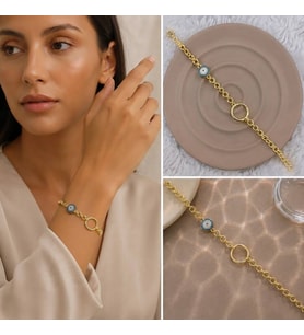 Premium Parlak ve Şık Gold Renk Nazar Boncuklu Yuvarlak Detaylı 316L Çelik Kadın Bileklik (22cm)