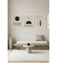 Nötr Tonlarda Soyut Geometrik Minimalist 3’lü Ahşap Çerçeveli Tablo Seti