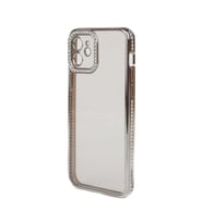 iPhone 12 Kılıf Şeffaf Arka Yüzey Kamera ve Kenarları Taşlı Silikon (Gümüş)