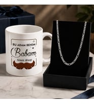 BK Gift Kişiye Özel Babalar Günü Tasarımlı Beyaz Kupa & Figaro Zincir Kolye -6, Babalar Günü Hediyesi