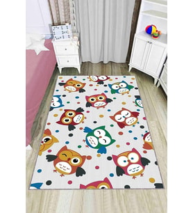 Çok Renkli Kaymaz Tabanlı Baykuşlu Çocuk Halısı KD055