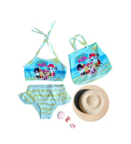 Kız Çocuk karakter Baskılı Eteği Fırfırlı- ip bağlamalı ÇANTA Mayo Bikini 3 lü Takım (Sarı - Mavi - Kahve - Yeşil)