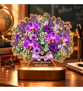 BK Gift Kişiye Özel Mor Orkide ve Lavanta Işıklı Çiçek Buketi LED Lamba