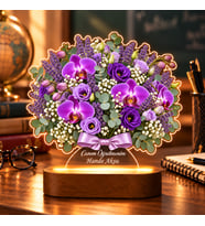 BK Gift Kişiye Özel Mor Orkide ve Lavanta Işıklı Çiçek Buketi LED Lamba