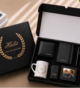 Kişiye Özel isimli kutuda defter kalem kupa çakmak cüzdan çerçeve set
