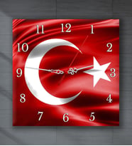 Ay Yıldız Bayrak Tasarımlı Kare Duvar Saati 20cm (Kırmızı)