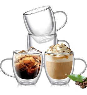 Çift Katmanlı Cam Kupa Bardak 250 ml Lüx Çift Cidarlı kupa - Termos Bardak - İki Duvarlı Yapısı ile Uzun Süre Sıcak-Soğuk Tutma özelliği, Kulplu Kahve Espresso Bardağı Brosilikat double layer Cup