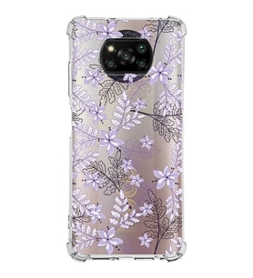 Xiaomi Poco X3 Köşe Korumalı Antişok Kapak Floral Lila Tasarımlı Şeffaf Silikon Kılıf