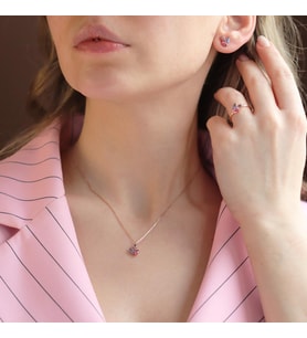 Renkli Swarovski Taşlı Oval Minimal Gümüş Set