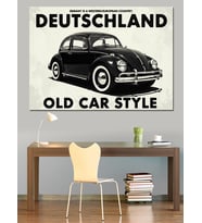 Vintage Siyah Vosvos Araba "Deutschland Old Car" Afişi Dekoratif Kanvas - Mdf Ahşap Tablo