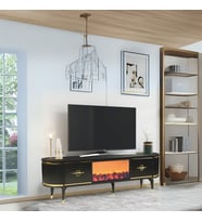 Maya Şömineli Tv Sehpası Siyah Gold 2 Kapaklı 1 Şömineli Oval Tasarım 180x40x50 Cm