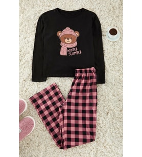 Tarz Rahat Uzun Kollu Geniş Paça %100 Pamuklu Ayıcık Baskılı Ekoseli Örme Pijama Takımı (Siyah)